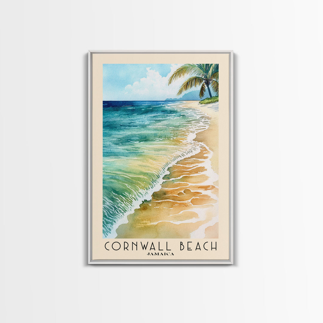 Cornwall Beach, Jamaica Watercolor Beach Print, Vacation Gift, Jamaica Wall Art, Framed Canvas Print, Framed Beach Painting