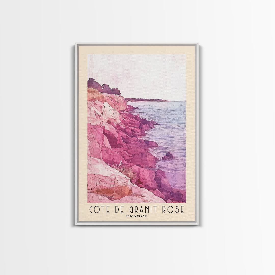 Côte de Granit Rose, France Watercolor Beach Print, Vacation Gift, France Wall Art, Framed Canvas Print, Framed Beach Painting