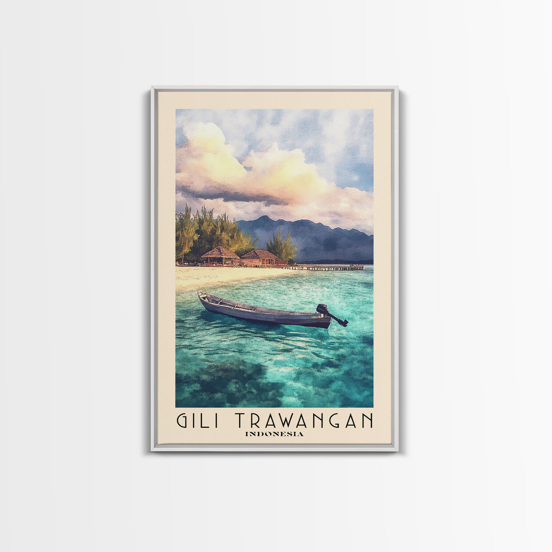 Gili Trawangan, Indonesia Watercolor Beach Print, Vacation Gift, Indonesia Wall Art, Framed Canvas Print, Framed Beach Painting