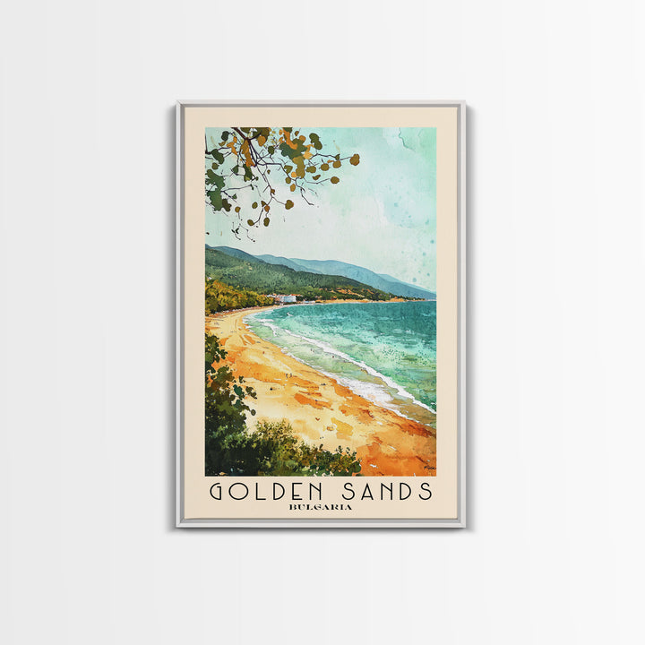 Golden Sands, Bulgaria Watercolor Beach Print, Vacation Gift, Bulgaria Wall Art, Framed Canvas Print, Framed Beach Painting