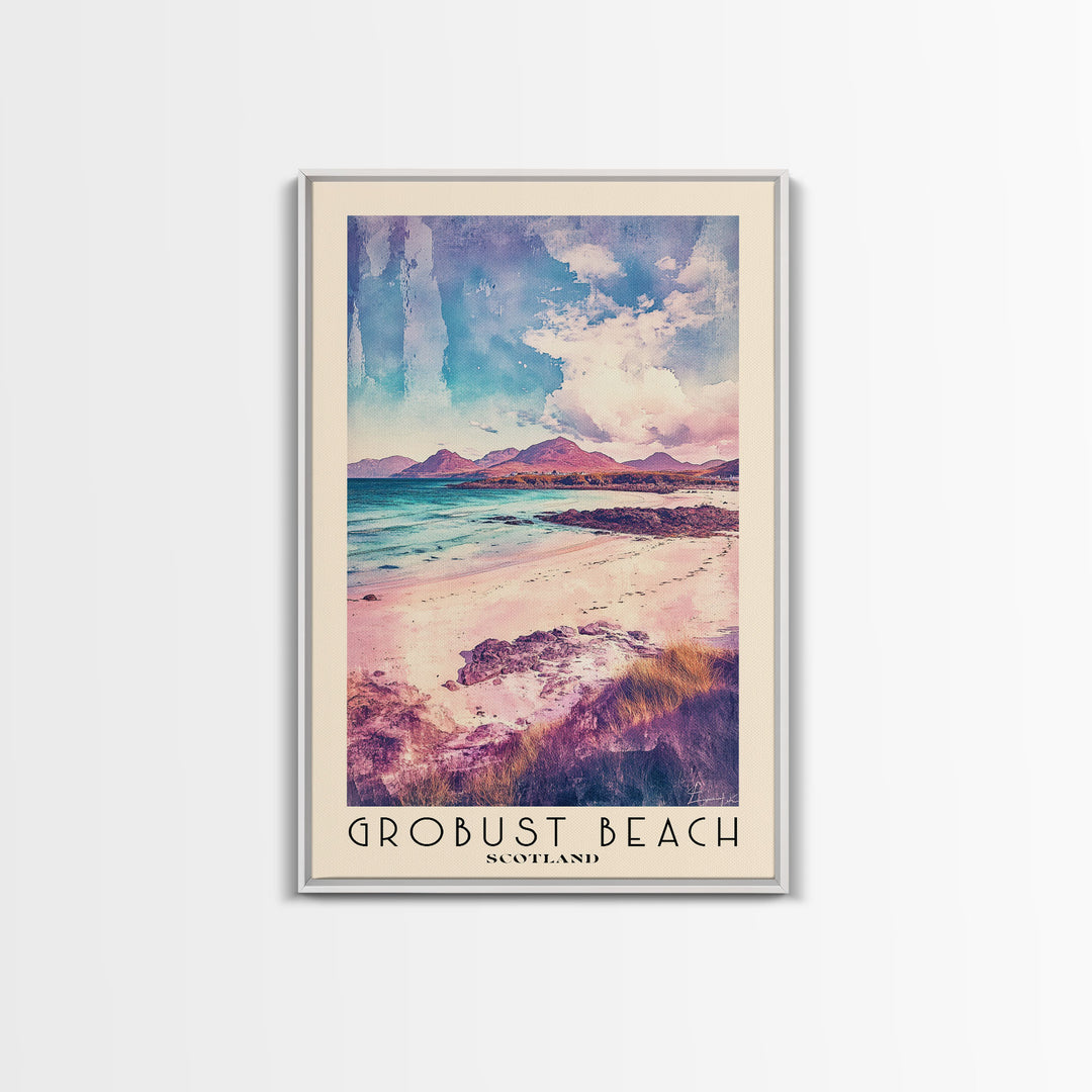 Grobust beach, Scotland Watercolor Print, Vacation Gift, Scotland Wall Art, Beach Painting, Beach Decor, Large Wall Art, Wood Frame Art