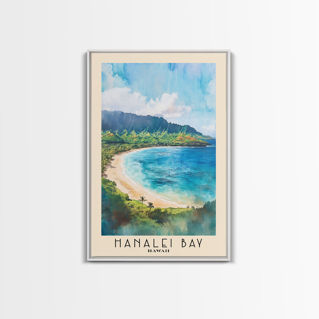 Hanalei Bay, Hawaii Watercolor Beach Print, Vacation Gift, Hawaii Wall Art, Framed Canvas Print, Framed Beach Painting