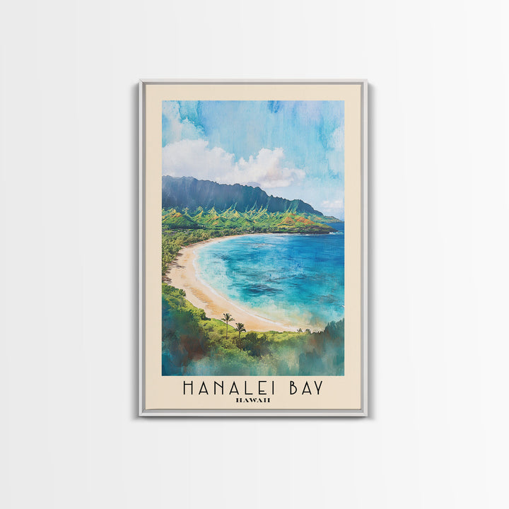 Hanalei Bay, Hawaii Watercolor Beach Print, Vacation Gift, Hawaii Wall Art, Framed Canvas Print, Framed Beach Painting