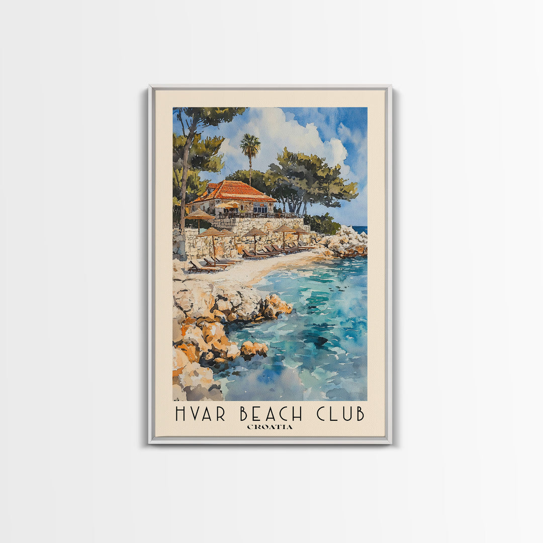 Hvar Beach Club, Croatia Watercolor Print, Vacation Gift, Croatia Wall Art, Beach Painting, Beach Decor, Large Wall Art, Wood Frame Art