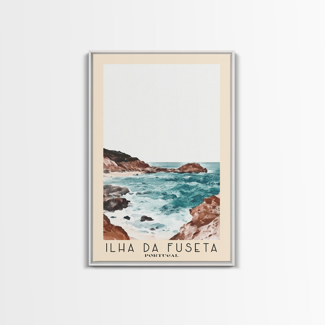 Ilha da Fuseta, Portugal Watercolor Beach Print, Vacation Gift, Portugal Wall Art, Framed Canvas Print, Framed Beach Painting