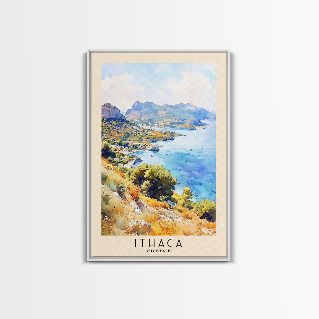 Ithaca, Greece Watercolor Print, Vacation Gift, Greece Wall Art, Beach Painting, Beach Decor, Large Wall Art, Wood Frame Art