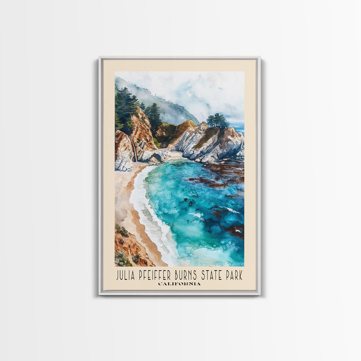 Julia Pfeiffer Burns State Park, California Watercolor Beach Print, Vacation Gift, California Wall Art, Framed Canvas Print, Framed Beach Painting