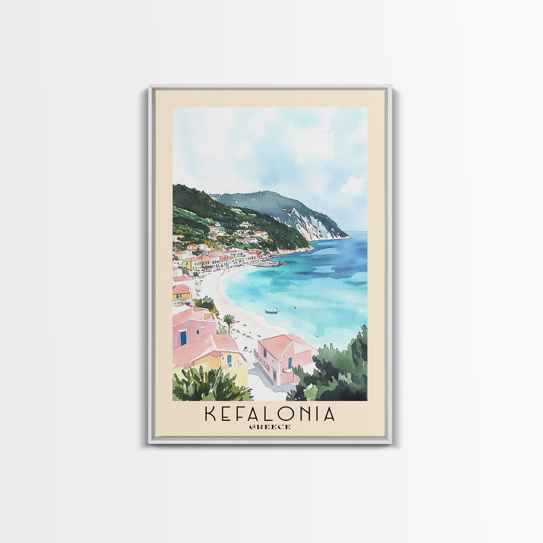 Kefalonia, Greece Watercolor Beach Print, Vacation Gift, Greece Wall Art, Framed Canvas Print, Framed Beach Painting