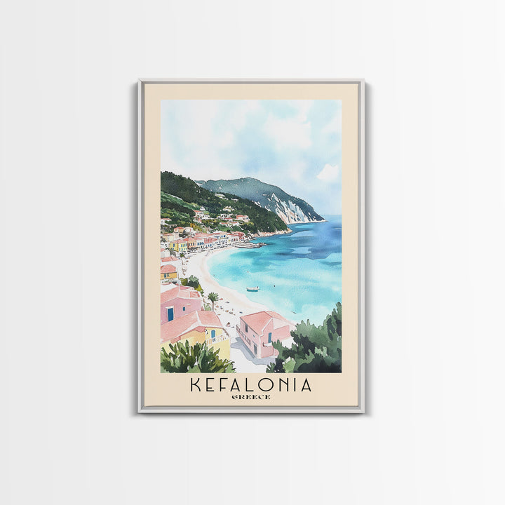 Kefalonia, Greece Watercolor Beach Print, Vacation Gift, Greece Wall Art, Framed Canvas Print, Framed Beach Painting