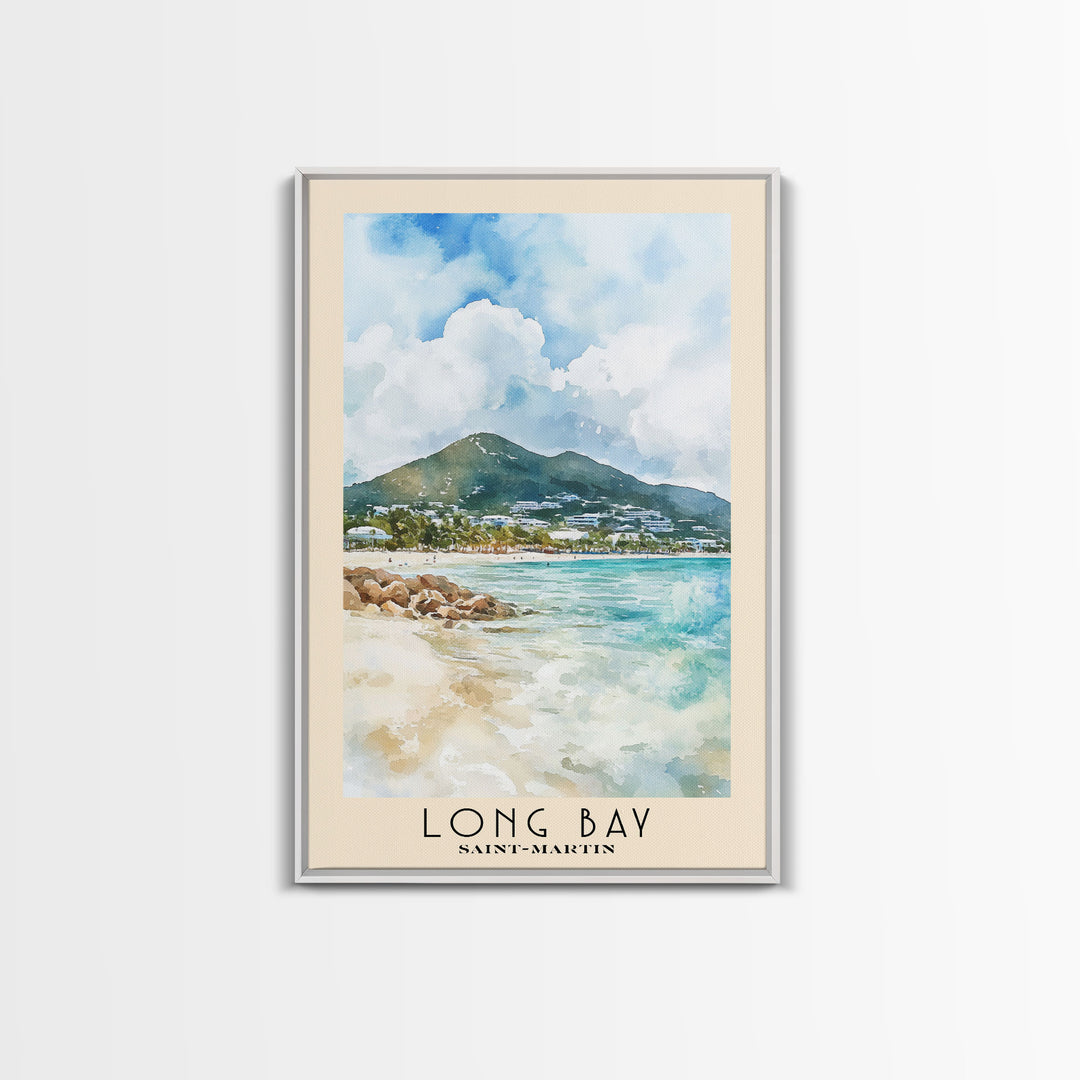 Long Bay, Saint-Martin Watercolor Print, Vacation Gift, Saint-Martin Wall Art, Beach Painting, Beach Decor, Large Wall Art, Wood Frame Art