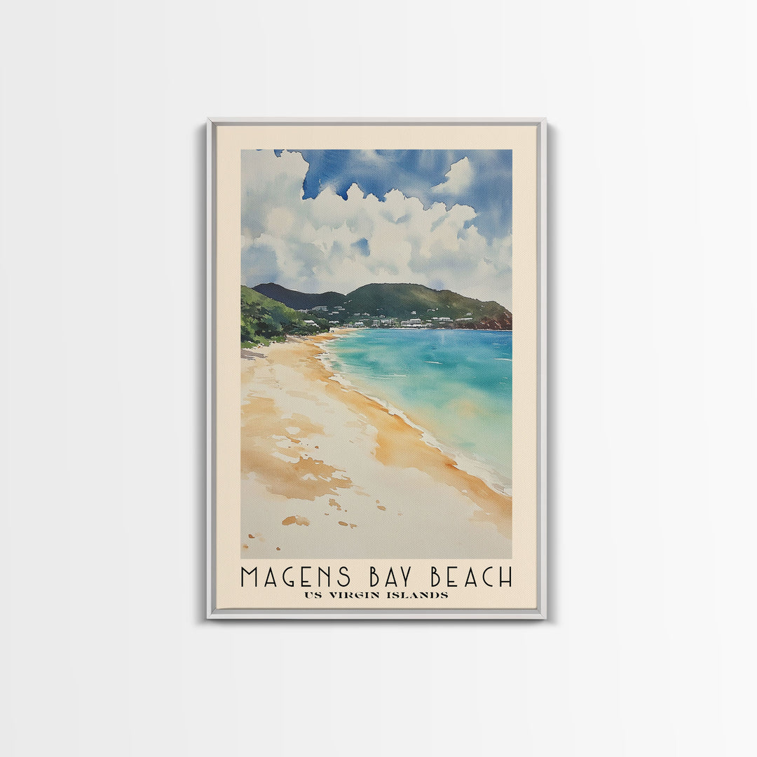 Magens Bay Beach, US Virgin islands Watercolor Beach Print, Vacation Gift, US Virgin islands Wall Art, Framed Canvas Print, Framed Beach Painting