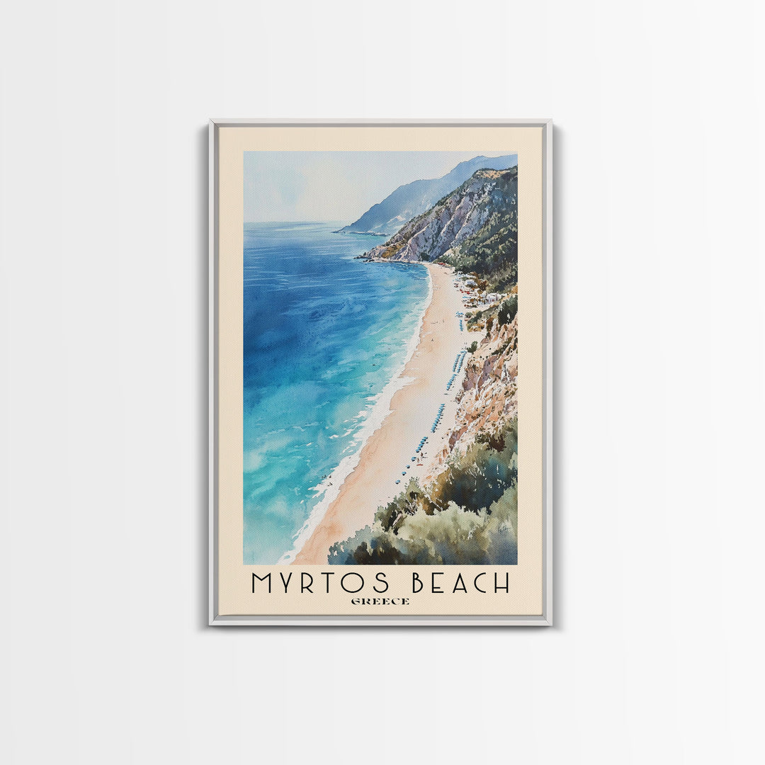 Myrtos Beach, Greece Watercolor Print, Vacation Gift, Greece Wall Art, Beach Painting, Beach Decor, Large Wall Art, Wood Frame Art