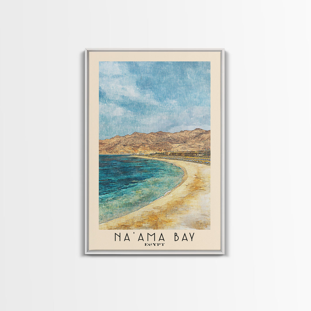 Na’ama Bay, Egypt Watercolor Beach Print, Vacation Gift, Egypt Wall Art, Framed Canvas Print, Framed Beach Painting