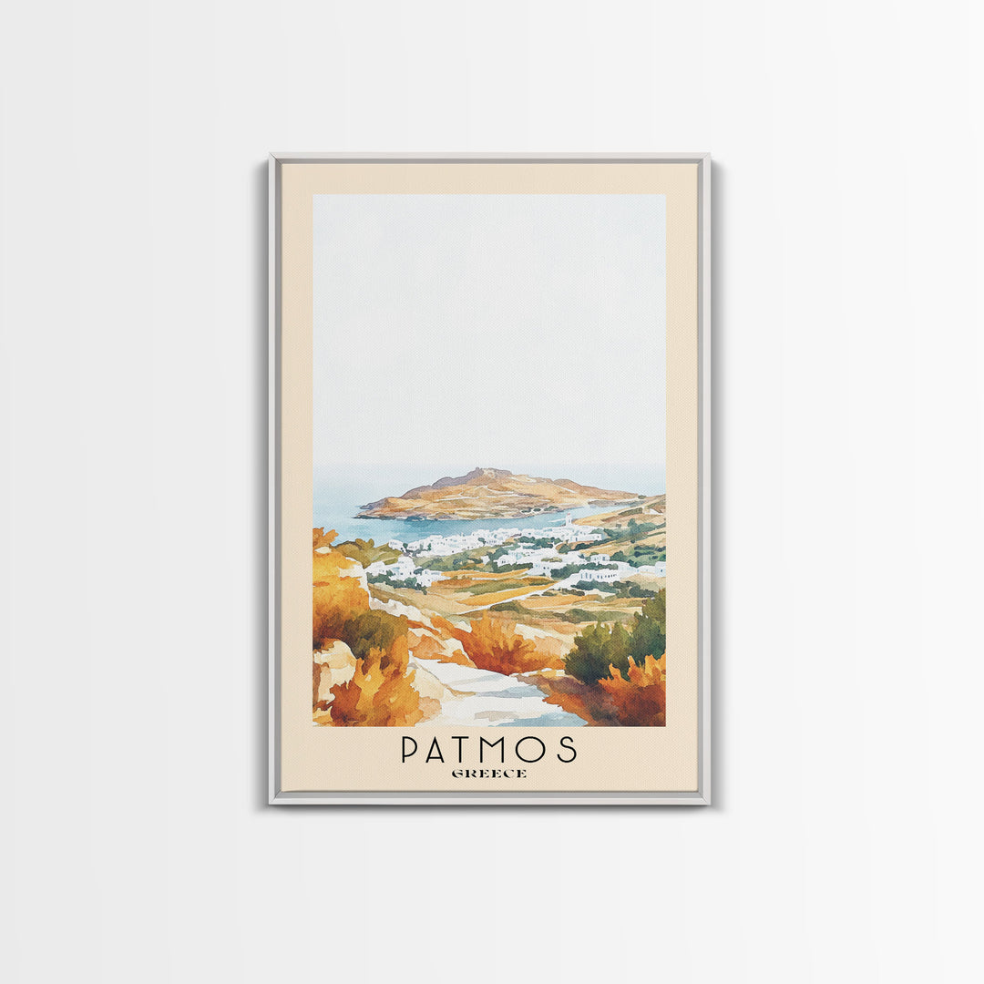 Patmos, Greece Watercolor Beach Print, Vacation Gift, Greece Wall Art, Framed Canvas Print, Framed Beach Painting