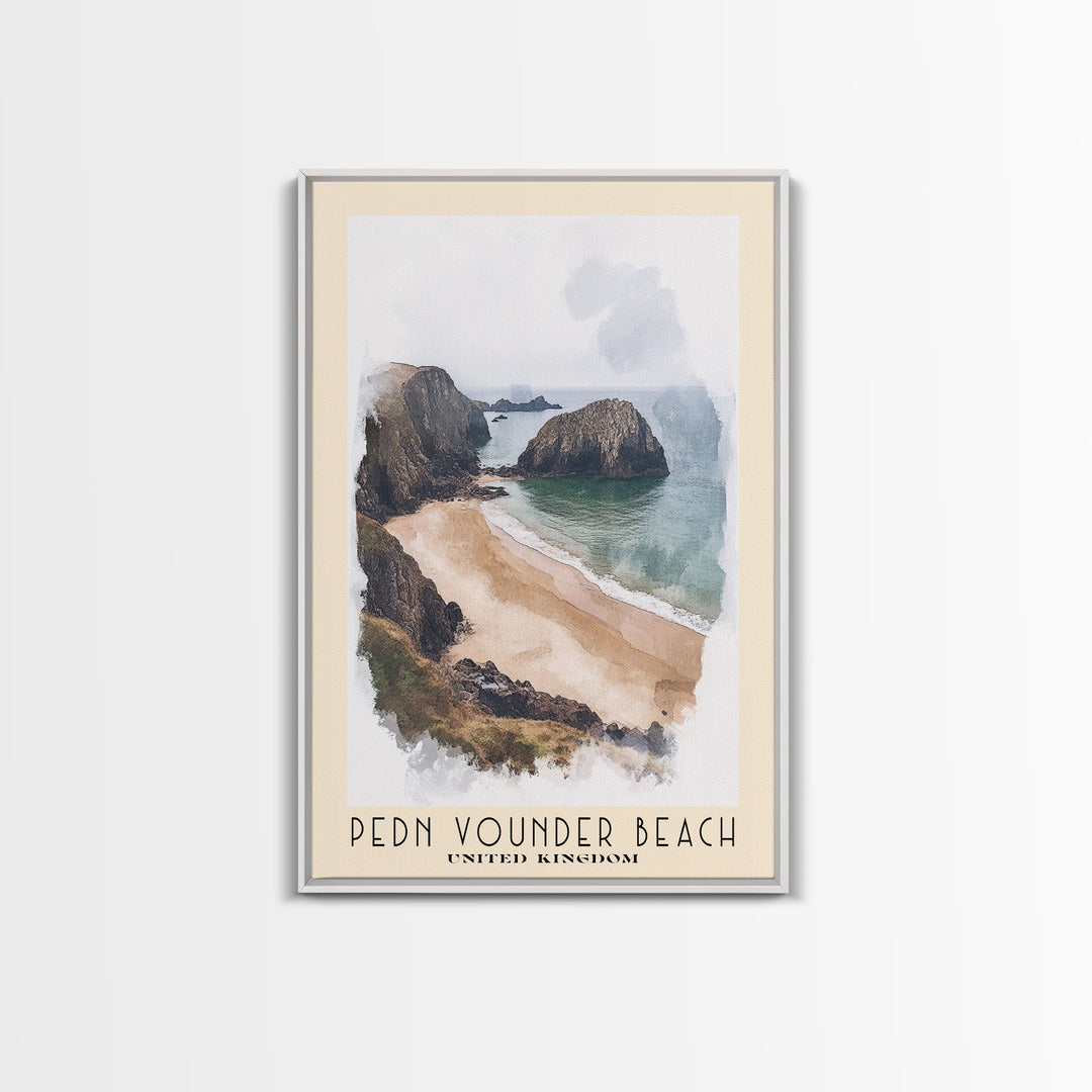 Pedn Vounder Beach, United Kingdom Watercolor Beach Print, Vacation Gift, United Kingdom Wall Art, Framed Canvas Print, Framed Beach Painting