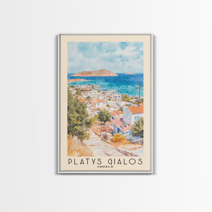 Platys Gialos, Greece Watercolor Beach Print, Vacation Gift, Greece Wall Art, Framed Canvas Print, Framed Beach Painting