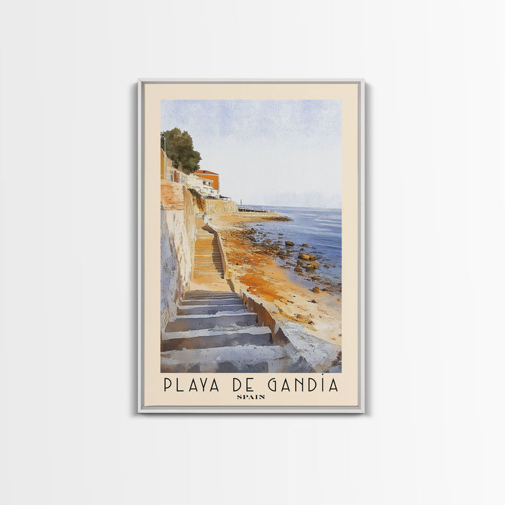 Playa de Gandía, Spain Watercolor Beach Print, Vacation Gift, Spain Wall Art, Framed Canvas Print, Framed Beach Painting