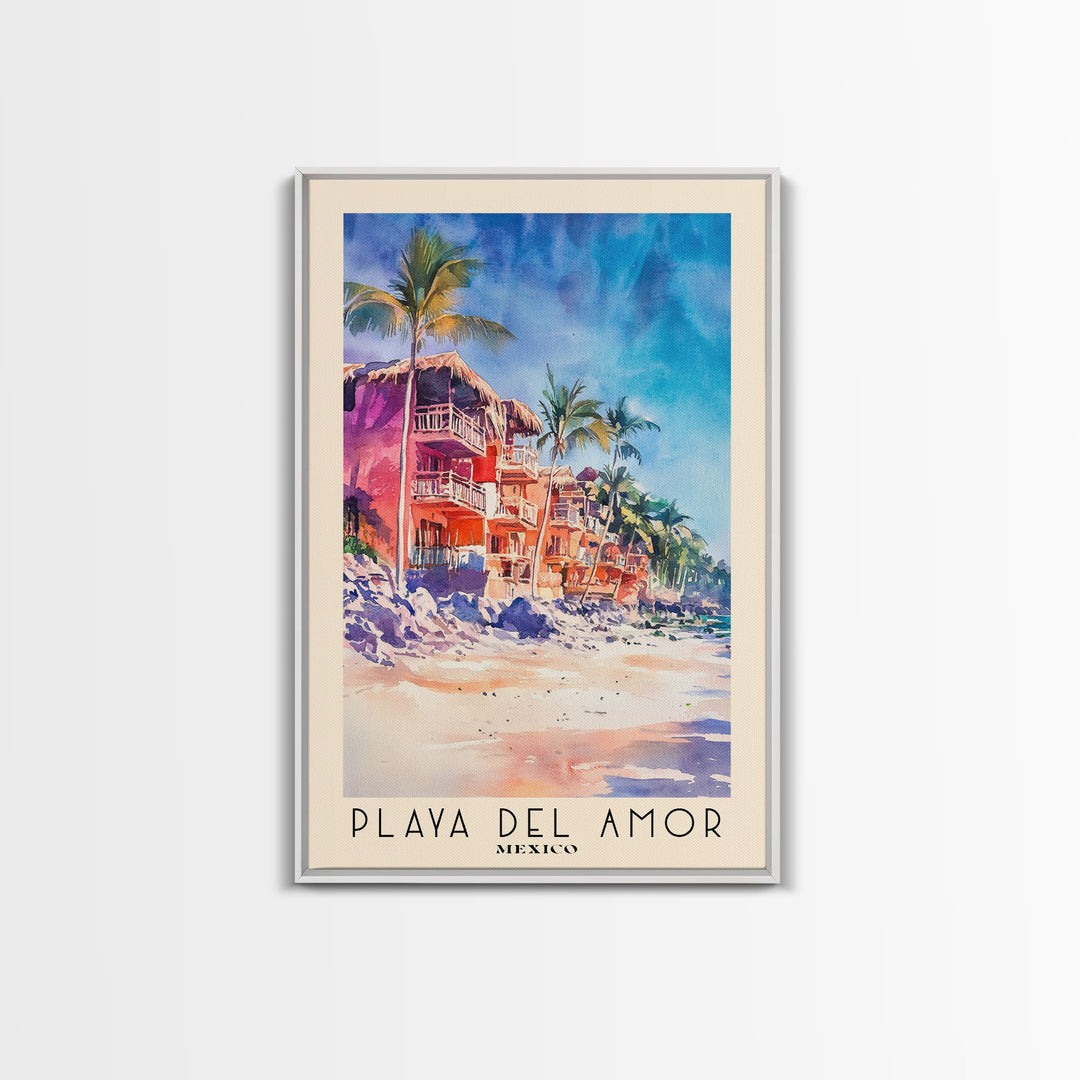 Playa del Amor, Mexico Watercolor Beach Print, Vacation Gift, Mexico Wall Art, Framed Canvas Print, Framed Beach Painting