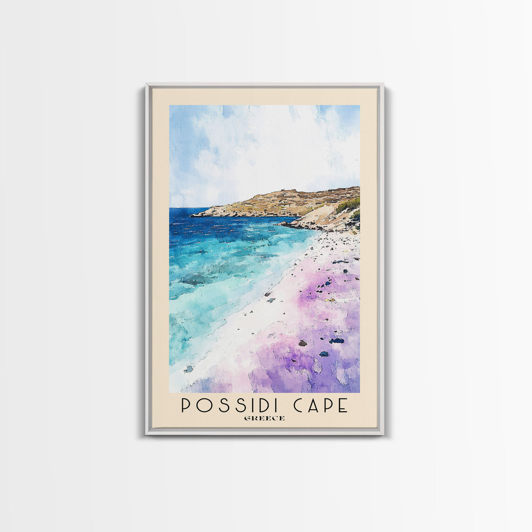 Possidi Cape, Greece Watercolor Beach Print, Vacation Gift, Greece Wall Art, Framed Canvas Print, Framed Beach Painting