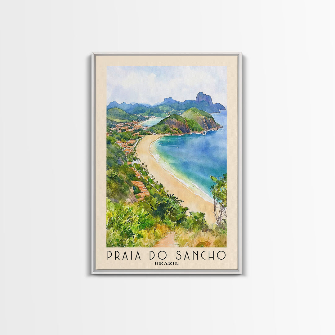 Praia do Sancho, Brazil Watercolor Beach Print, Vacation Gift, Brazil Wall Art, Framed Canvas Print, Framed Beach Painting