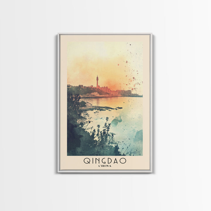 Qingdao, China Watercolor Beach Print, Vacation Gift, China Wall Art, Framed Canvas Print, Framed Beach Painting