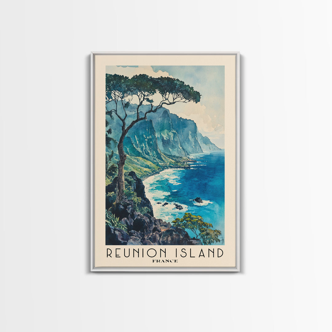 Reunion Island, France Watercolor Beach Print, Vacation Gift, France Wall Art, Framed Canvas Print, Framed Beach Painting