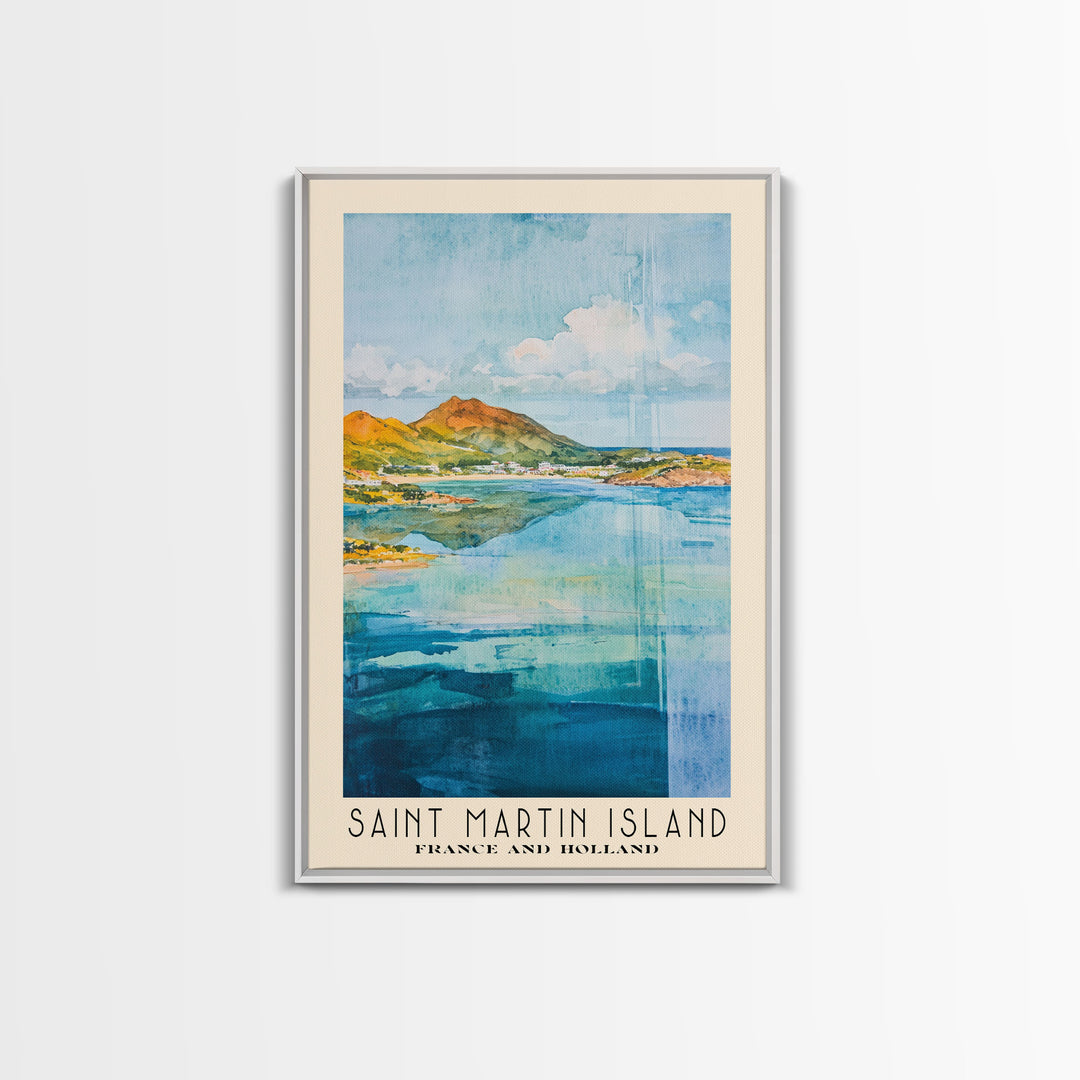 Saint Martin Island, France and Holland Watercolor Beach Print, Vacation Gift, France and Holland Wall Art, Framed Canvas Print, Framed Beach Painting