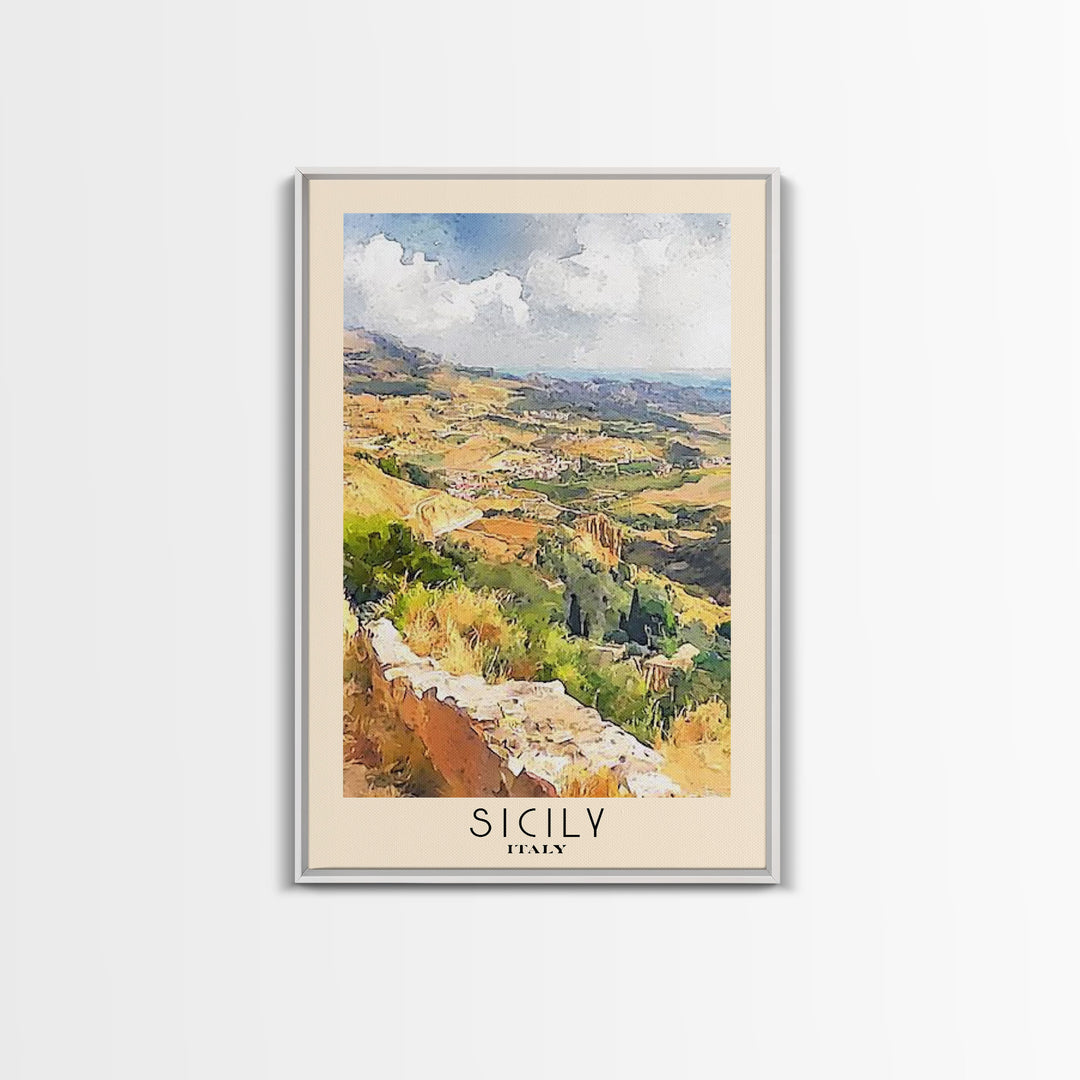 Sicily, Italy Watercolor Beach Print, Vacation Gift, Italy Wall Art, Framed Canvas Print, Framed Beach Painting