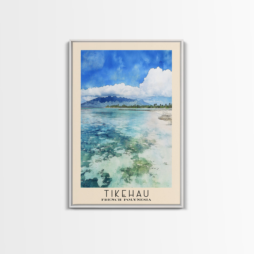 Tikehau, French Polynesia Watercolor Print, Vacation Gift, French Polynesia Wall Art, Beach Painting, Beach Decor, Large Wall Art, Wood Frame Art