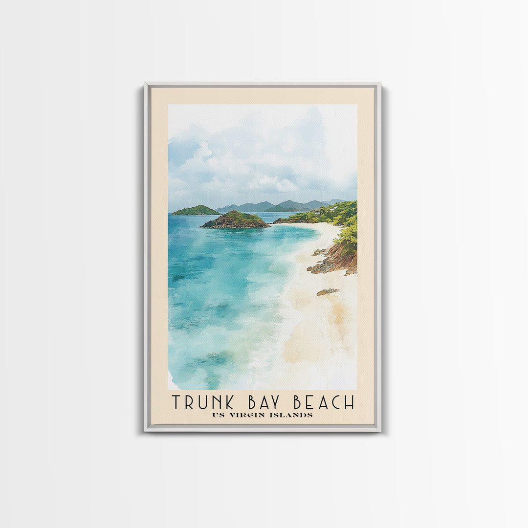 Trunk Bay Beach, US Virgin islands Watercolor Beach Print, Vacation Gift, US Virgin islands Wall Art, Framed Canvas Print, Framed Beach Painting