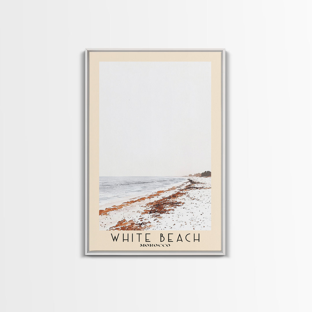 White Beach, Morocco Watercolor Beach Print, Vacation Gift, Morocco Wall Art, Framed Canvas Print, Framed Beach Painting