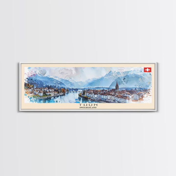 Thun Switzerland Panoramic Travel Poster, Framed Canvas Print or Metal Wall Art, Travel Art, Home Decor, Panoramic Painting, Midcentury Art