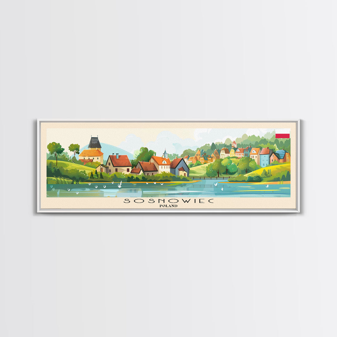 Sosnowiec Poland Panoramic Travel Poster, Framed Canvas Print or Metal Wall Art, Travel Art, Home Decor, Panoramic Painting, Midcentury Art