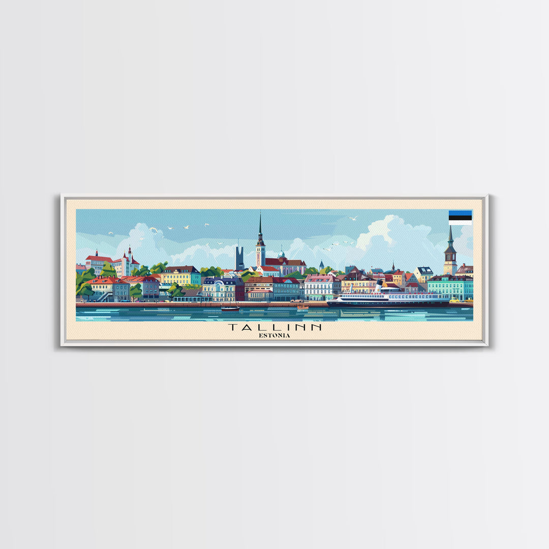 Tallinn Estonia Panoramic Travel Poster, Framed Canvas Print or Metal Wall Art, Travel Art, Home Decor, Panoramic Painting, Midcentury Art