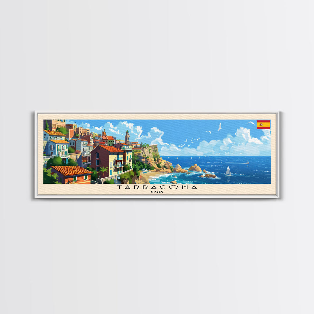 Tarragona Spain Panoramic Travel Poster, Framed Canvas Print or Metal Wall Art, Travel Art, Home Decor, Panoramic Painting, Midcentury Art