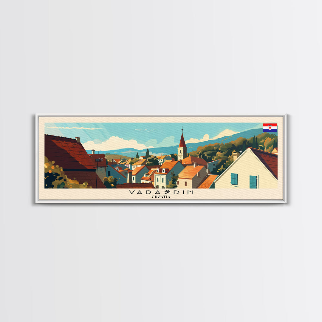 Varazdin Croatia Panoramic Travel Poster, Framed Canvas Print or Metal Wall Art, Travel Art, Home Decor, Panoramic Painting, Midcentury Art