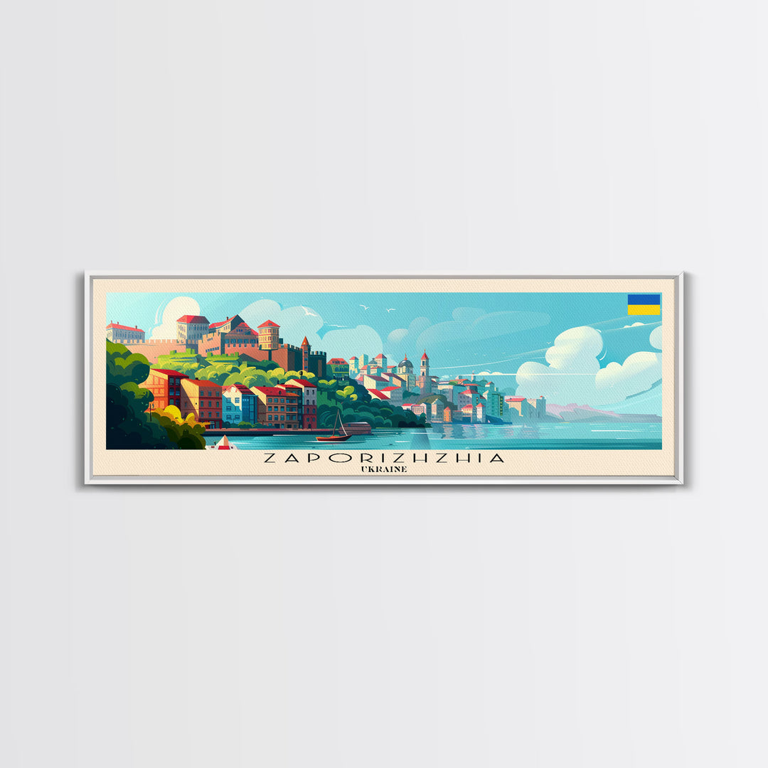 Zaporizhzhia Ukraine Panoramic Travel Poster, Framed Canvas Print or Metal Wall Art, Travel Art, Home Decor, Panoramic Painting, Midcentury Art