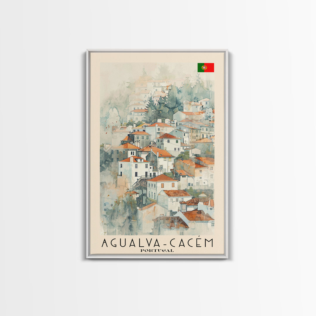 Agualva-Cacém in Portugal Watercolor Travel Poster Art, Framed Canvas Print, Perfect Wall Art for Living Room or Bedroom Decor