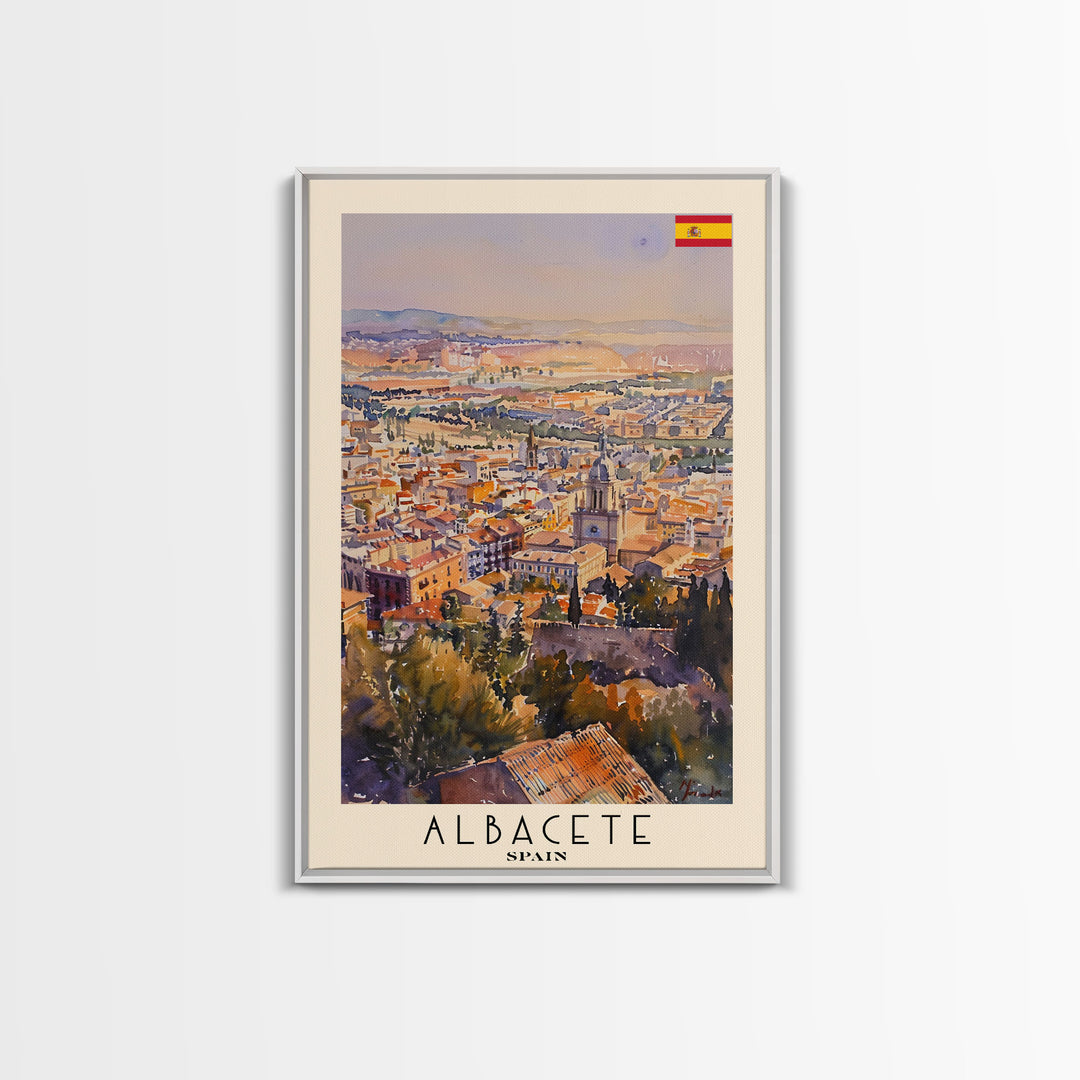 Albacete Spain Skyline Travel Poster Art, Framed Canvas Print, Vibrant Wall Art for Living Room, Bedroom Decor, Home Decoration