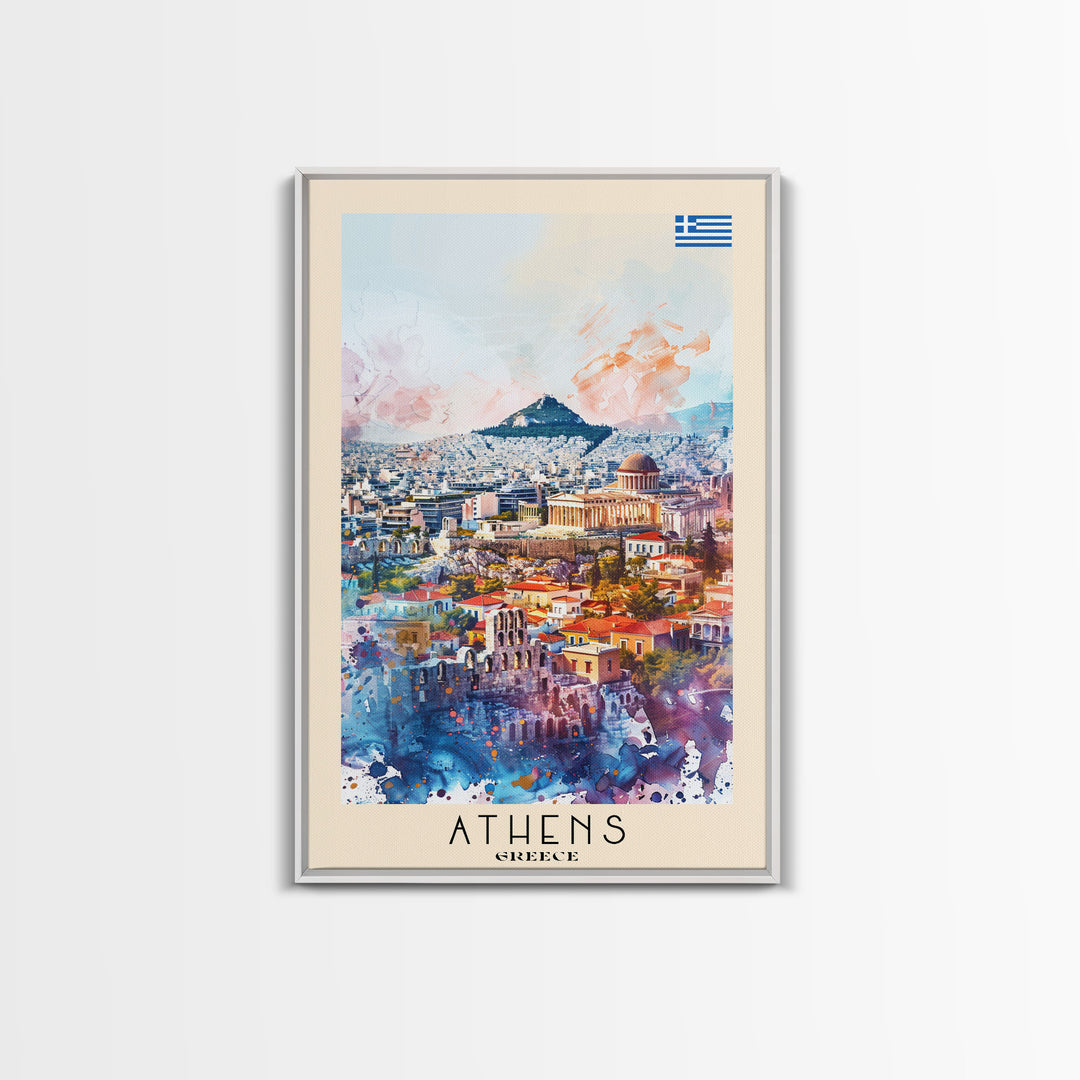 Athens Greece Travel Poster Framed Canvas Print, Wall Art, Home Decor, Vacation Print, Watercolor Painting, Ancient Ruins, Historical Art