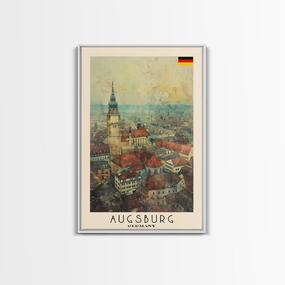 Augsburg Germany Travel Poster Framed Canvas Print, Wall Art, Home Decor, Travel Print, Watercolor Painting, Historical Cityscape, Original Art