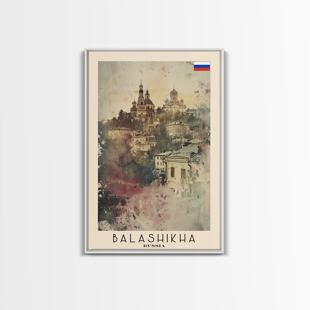 Balashikha Russia Travel Poster Framed Canvas Print, Wall Art, Home Decor, Vacation Print, Watercolor Painting, Cityscape Art, Atmospheric Art