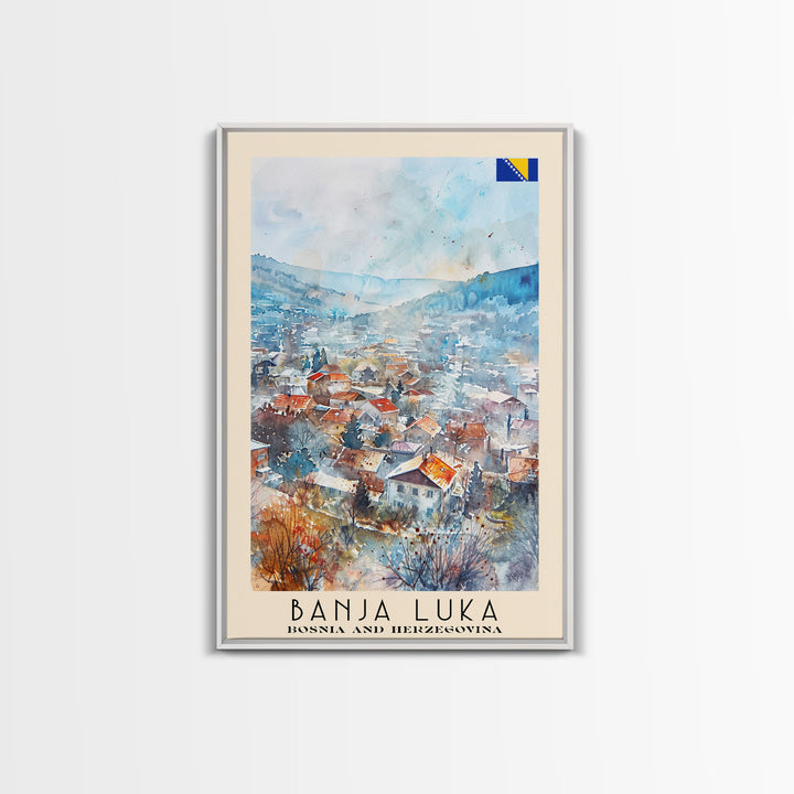 Banja Luka Bosnia Travel Poster Framed Canvas Print, Wall Art, Home Decor, Travel Print, Watercolor Painting, Scenic View, Original Art