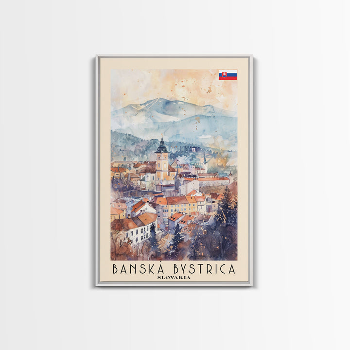 Banska Bystrica Slovakia Travel Poster Framed Canvas Print, Wall Art, Home Decor, Vacation Print, Watercolor Painting, Cityscape Art