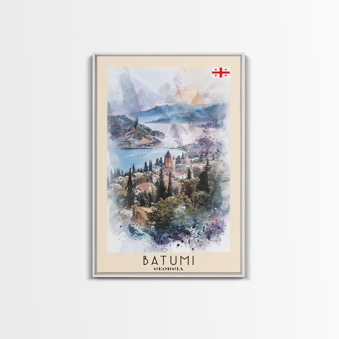 Batumi Georgia Travel Poster Framed Canvas Print, Wall Art, Home Decor, Watercolor Painting, Vacation Gift, Minimalist Art