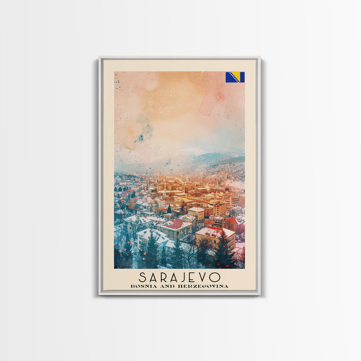 Sarajevo Bosnia and Herzegovina Travel Poster Framed Canvas Print, Watercolor Painting, Historic Wall Art, Home Decor, Bosnian Cityscape, Classic Art