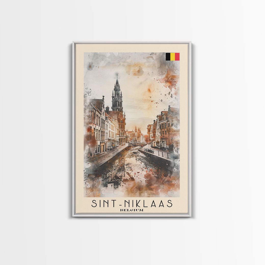 Sint-Niklaas Belgium Travel Poster Framed Canvas Print, Watercolor Painting, Scenic Wall Art, Home Decor, Belgian Cityscape, Classic Decor