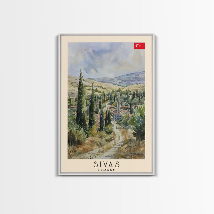 Sivas Turkey Travel Poster Framed Canvas Print, Watercolor Painting, Scenic Wall Art, Home Decor, Turkish Landscape, Modern Art