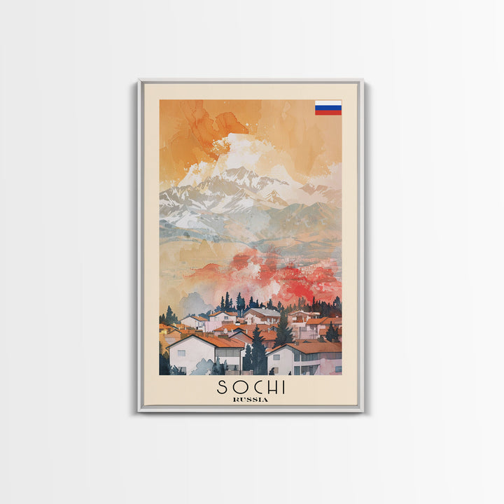 Sochi Russia Travel Poster Framed Canvas Print, Watercolor Painting, Coastal Wall Art, Home Decor, Russian Seaside, Vibrant Art