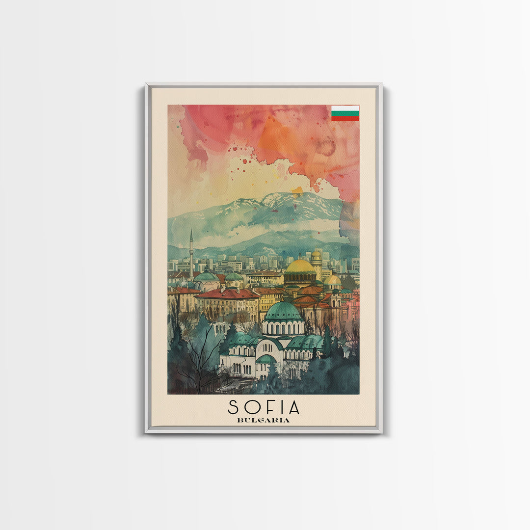 Sofia Bulgaria Travel Poster Framed Canvas Print, Watercolor Painting, Scenic Wall Art, Home Decor, Bulgarian Cityscape, Modern Decor